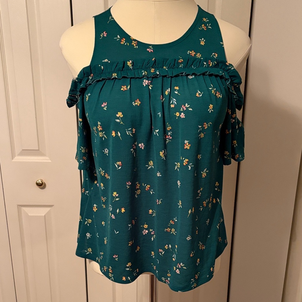 LC Lauren Conrad Teal Floral Cold Shoulder Blouse